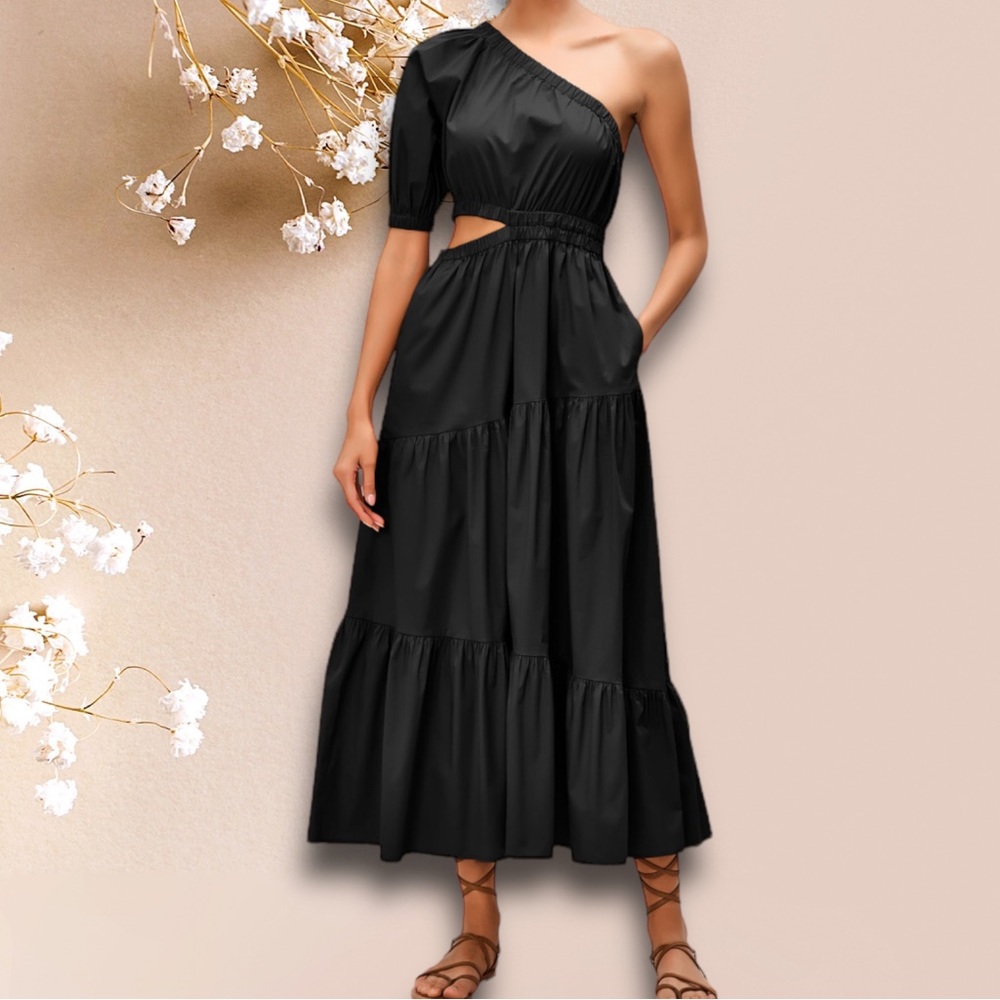 MANGO One-Shoulder Cotton Poplin Cutout Tiered Dress Black Sz US 8 EUR L